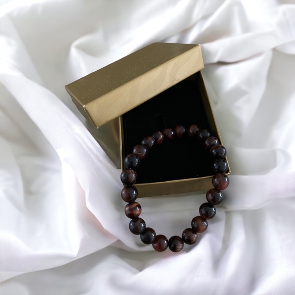 Red Tiger’s Eye Stretch Bracelet, Natural 8mm Beads - Picture 2 of 5